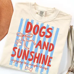 Dogs And Sunshine Enjoying The Simple Things Shirt | Comfort Colors Ivory Dog Mom Tee | Aesthetic Pink Bow & Paw Print Graphic Shirt | Pet Lover Gift