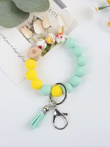 Macaron Color Beaded Keychain, Fresh Floral Pattern, Matching Fringe Charm, Multiple Colors Available, Perfect Gift for Friends and Mom, Trendy Cute Keychain