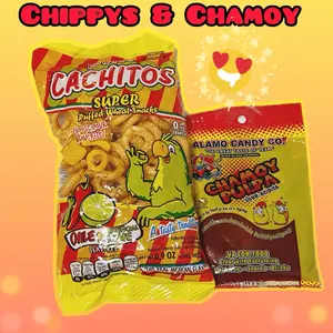 Chachitos Chile Flavored Super Puffed Wheat Snacks and Chamoy Pulpa Sauce Topping