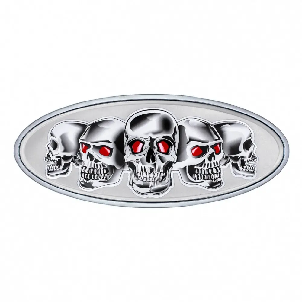 Oval Skull Motif Car Front Hood Emblem - Chrome Finish Die-Cast Metal, Double Sided, Oval Shape, 7 7/8 inch x 3 1/4 inch, Compatible with Peterbilt