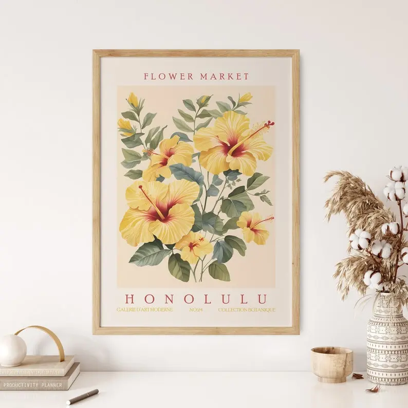 [UNFRAMED POSTER] Honolulu Hawaii Poster, Flower Market Wall Art, Yellow Hibiscus Flower Print, Colorful Tropical Wall Decor, Trendy Printable Floral Artwork