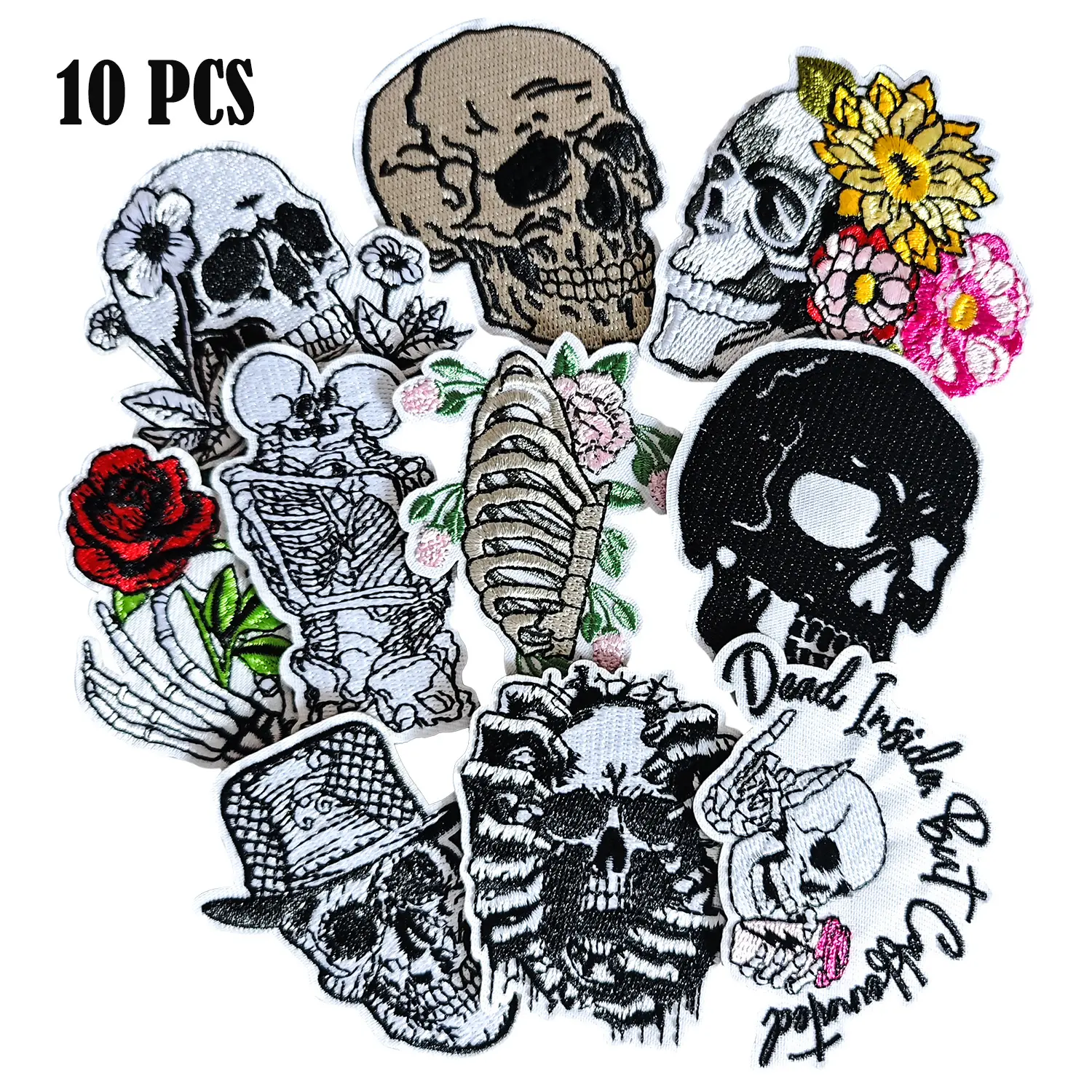 Iron-On Polyester Embroidered Patches with Iron-On Back Glue - Multi-Size, Durable Designs, Skull, Skeleton, Spooky Bat Shapes for Military, Sports, Hobbyist Needs, Punk Fashion Clothes, Hats