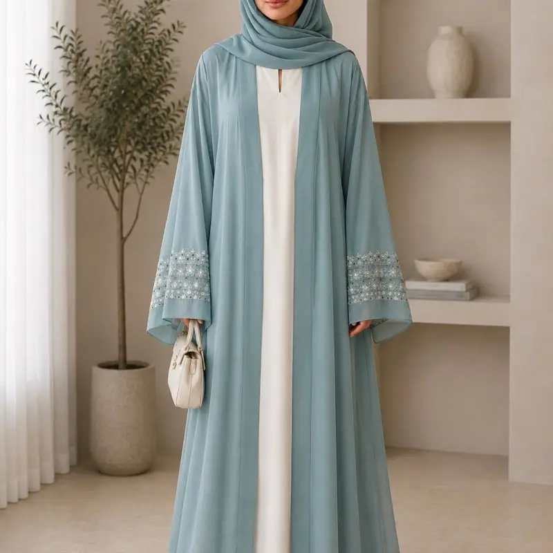 4 pieces embroidered abaya with matching scarf inner and belt Size 56/Large Design, Perfect for Special Occasions