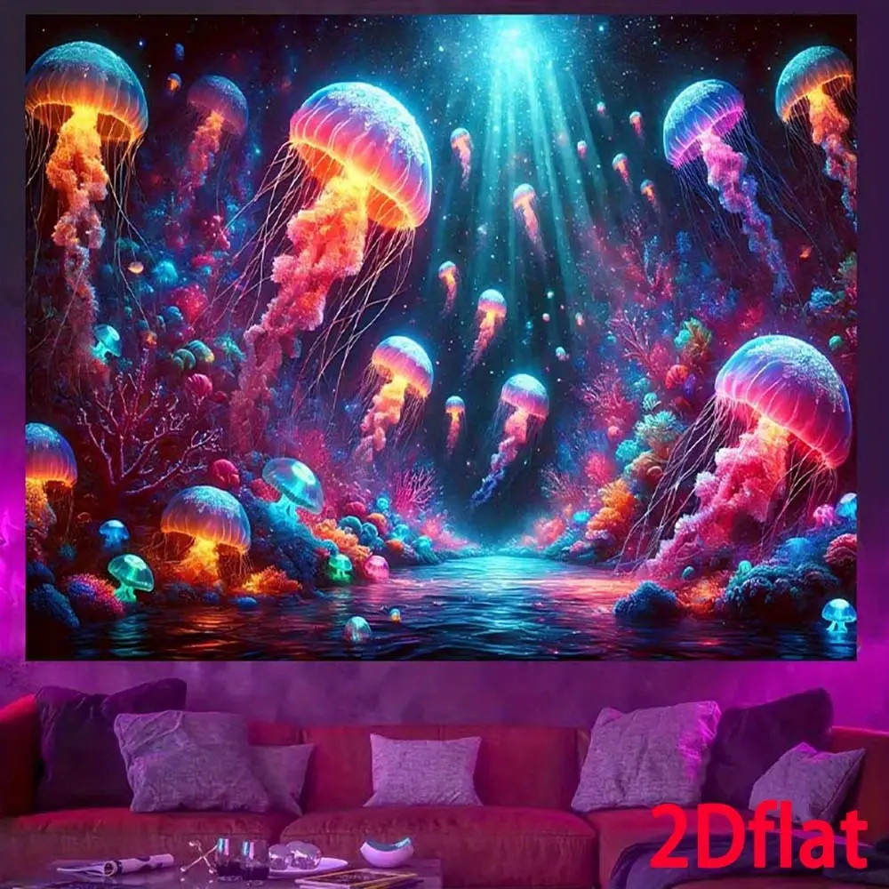 A Tapestry Featuring Glow-In-The-Dark Jellyfish, Designed with a UV Reactive, Contemporary Ocean Fantasy Theme Suitable for Bedrooms, Dorms, And Party Decorations