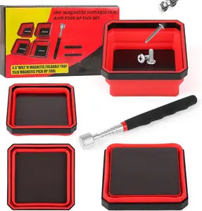 4 count Collapsible  Parts Tray Set with 15Lb  Pickup Pen,4.5" Square  Foldable Tool for Organizing Screw  Nuts Washers Pins and Other Small Metal Parts