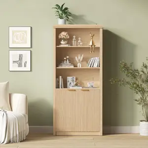 Garvee Tall Book Shelf and Bookcase, 31.5"Wide Bookshelf with Drawer and Doors, Farmhouse Book Case with Storage, Wood Storage Cabinet with 5 Tier Display Shelves for Home Office, Living Room, Oak