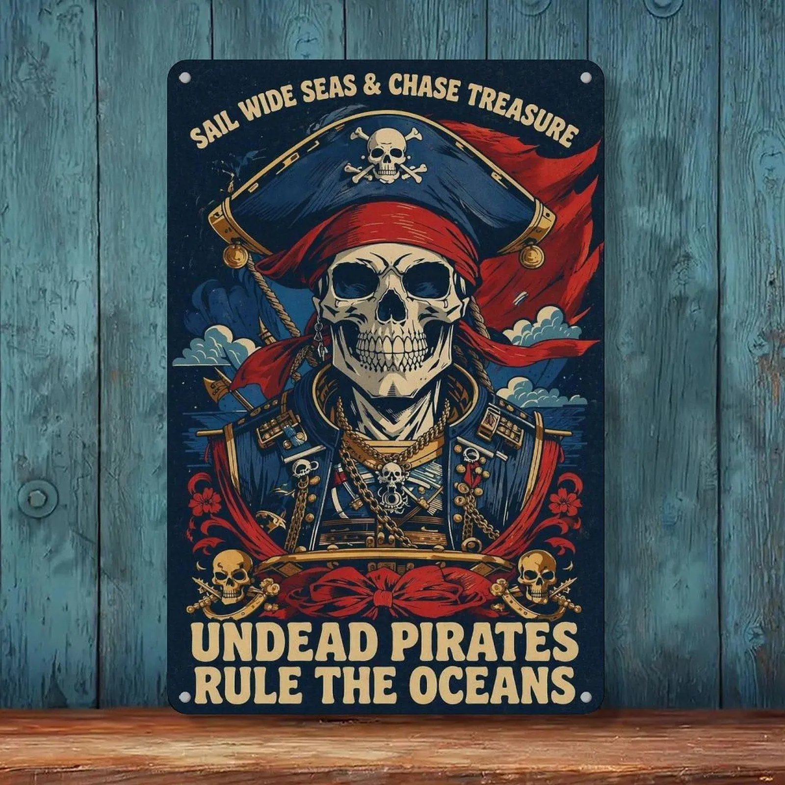 Sail Wide Seas Chase Treasure Undead Pirate Skeleton Vintage Metal Tin Sign, Nautical Pirate Bar Garage Man Cave Wall Decor 8x12in Antique Sea Art