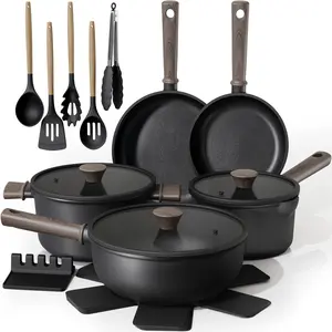 Astercook 18-Piece Cookware Set Non-Stick Induction Compatible Pots & Pans with Elegant Wooden Handles Large Frying Pan Omelette Pan for Home Cooking Astercook 18-Piece Cookware Set Non-Stick Induction Compatible Pots & Pans with Elegant Wooden Handles Large Frying Pan Omelette Pan for Home Cooking