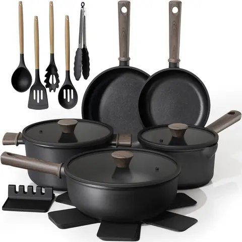 Astercook 18-Piece Non-Stick Pots & Pans Set Induction Compatible Cookware with Wooden Handles for Everyday Home Cooking