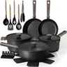 Astercook 18-Piece Non-Stick Pots & Pans Set Induction Compatible Cookware with Wooden Handles for Everyday Home Cooking