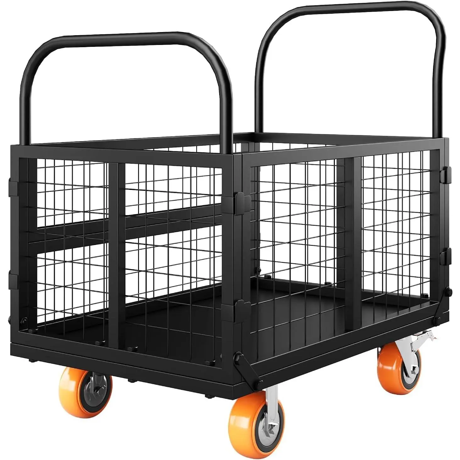 1800LBS Heavy Duty 4-in-1 Foldable Platform Truck Cart with Cage - 4 Swivel Wheels Push Cart Dolly for Grocery, Laundry, Garage & Warehouse