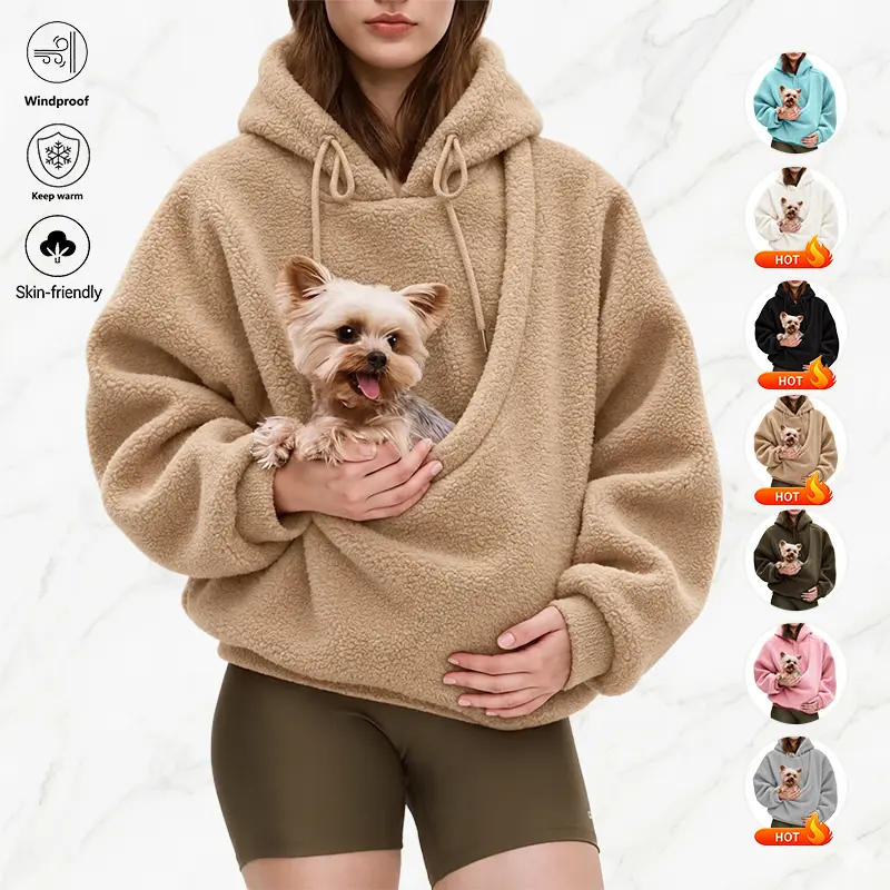 Women's Casual Comfortable Everyday Kangaroo Pocket Pet Carrier Sweatshirt - Loose Plush Fleece Pullover Hoodie, Warm Microfleece Top