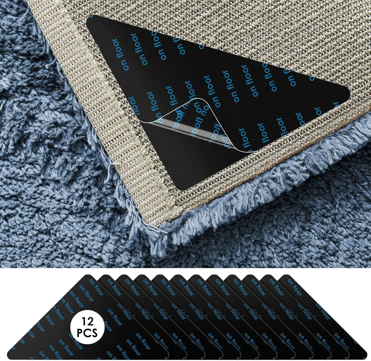 Rug Tape 12PCS Reusable Washable Rug Stoppers to Prevent Sliding, Triangle Carpet Stickers for Area Rugs on Hardwood Floors, Double Sid Adhesive Non-Slip Carpet Tapes