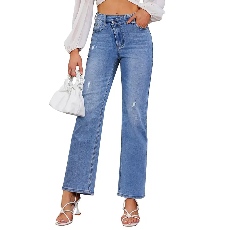 Women's High Rise Crossover Tummy Control Wide Leg Stretch Denim Baggy Jeans - Loose Fit, Pockets, All Season, Compatible with Baggy Jeans Outfits, Ideal for Easter, Halloween