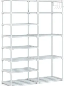 Metal 8 Tier Entryway Shoe Rack with Side Hooks - 24-30 Pairs, Tall Storage Organizer for Versatile Use