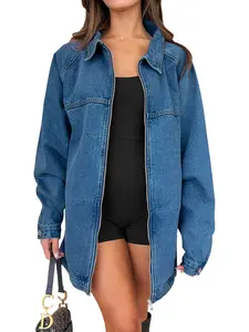 FMEYOA Womens Oversized Denim Jackets Casual Zip up Spring Long Sleeve Jean Jacket with Pocket