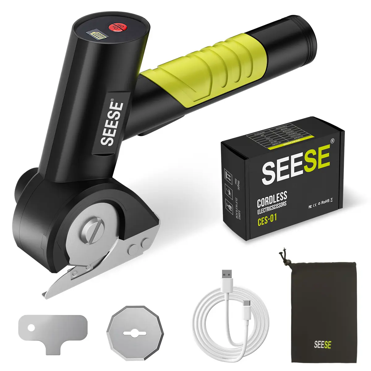 SEESE Rechargeable Cordless Electric Scissors, Electric Cardboard Box Cutter with 2 Safety Blades & Storage Pouch - Cuts Cardboard, Leather, Fabric, and Plastic SEESE Rechargeable Cordless Electric Scissors, Electric Cardboard Box Cutter with 2 Safety Blades & Storage Pouch - Cuts Cardboard, Leather, Fabric, and Plastic