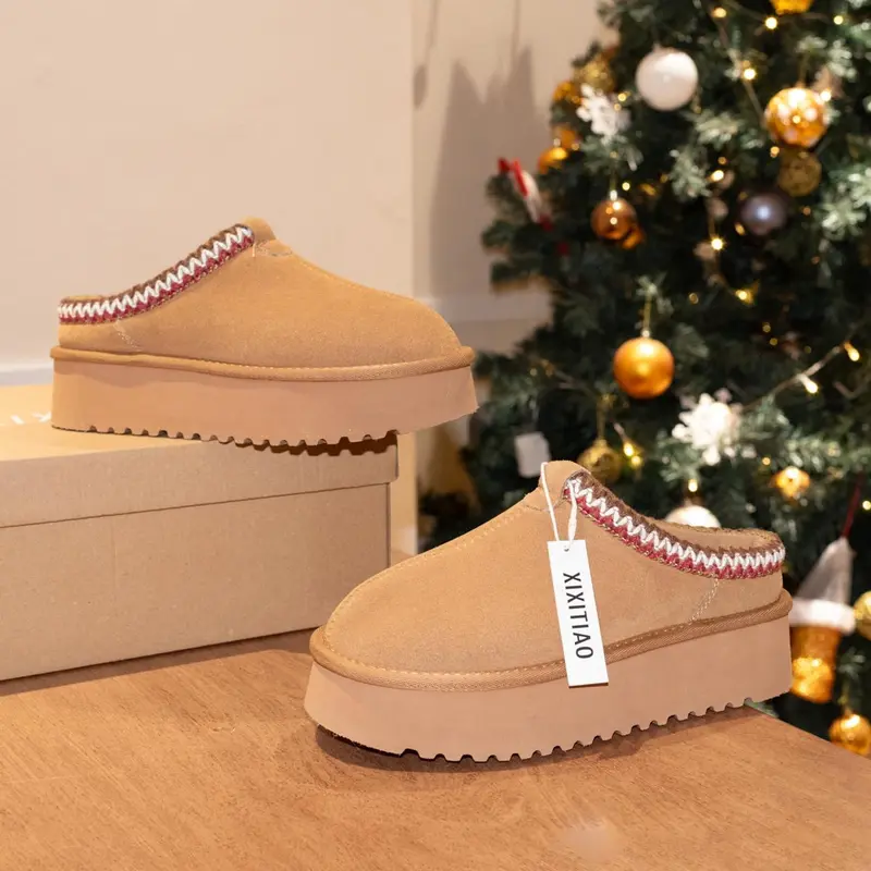 XIXITIAO Women's Genuine Suede Leather Slip-On Platform Slippers,Fuzzy Faux Fur Lining Mini Booties,Water-Splahproof Fluffy Ankle Boots,Warm Winter Fall Memory Foam House Shoes Indoor Outdoor,Unique Holiday Gift