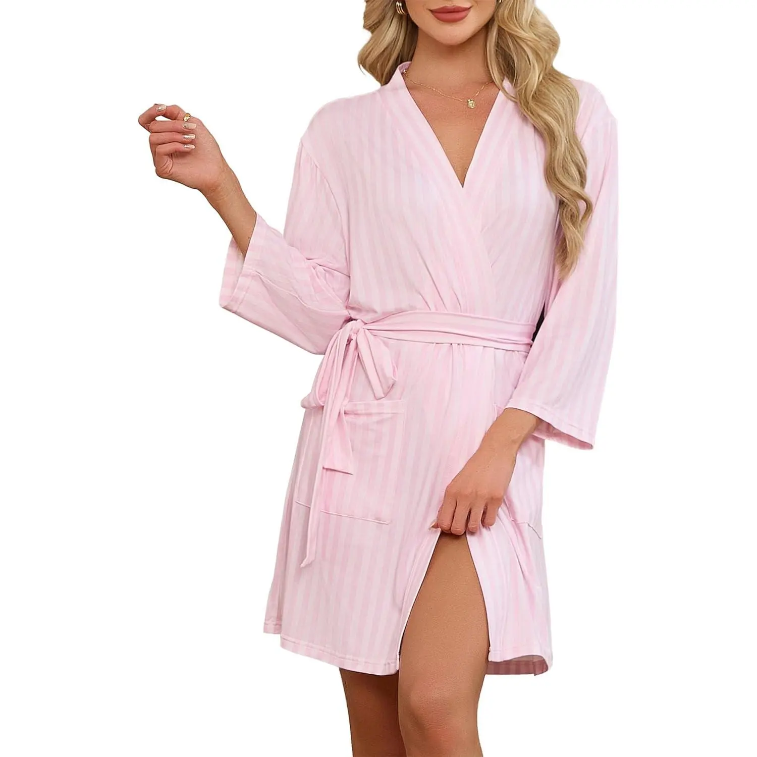 LYCY Women's Striped Short Bathrobe - Soft, Lightweight Kimono Robe with Pockets, Women's Loungewear, Gowns