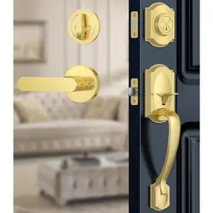 Front Door Lock Set, Front Door Handle and Deadbolt Set, Vintage Exterior Door Lock Set, Front Door Handle with Single Cylinder, Reversible for Right & Left, Satin Brass