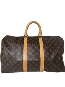 Pre-owned Louis Vuitton Leather Travel Bags Monogram Keepall 45 Vintage Brown Coated Canvas Weekender Bag with Brass Hardware & Trim
