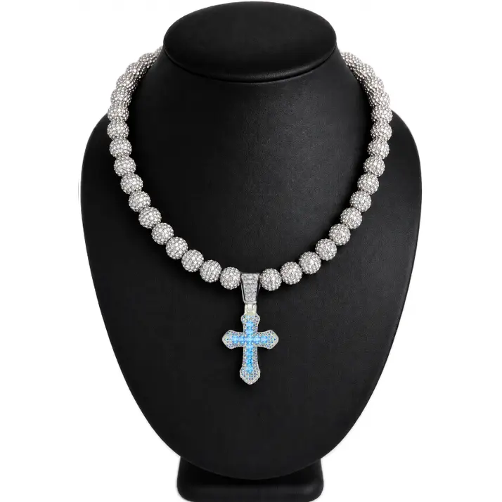 Iced Bling Disco Ball Rhinestone Bead Baseball Drip Necklace Silver Snow Blue Cross