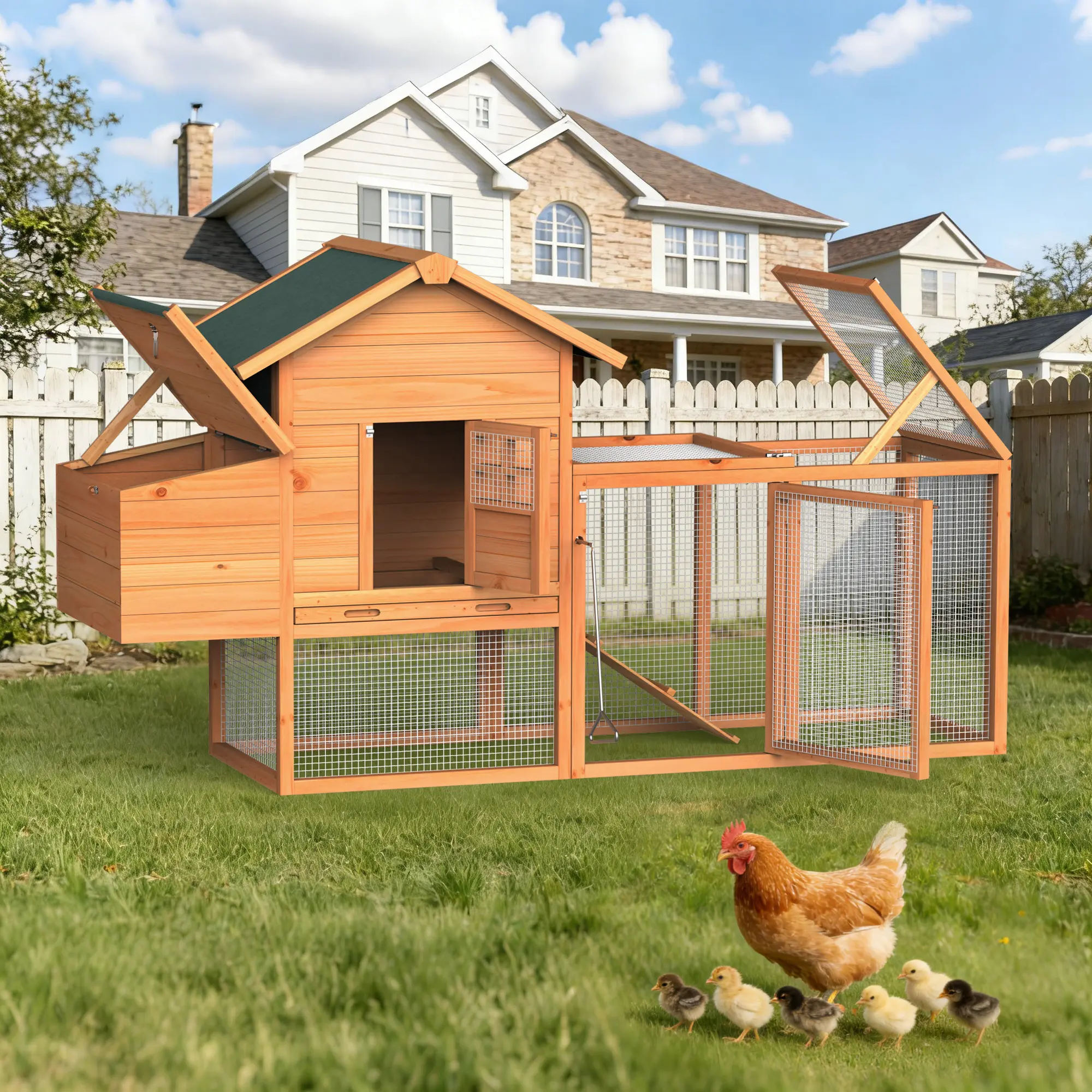 Outdoor Chicken Coop for 2-4 Chickens Wooden Hen House Poultry Pet Hutch Run Cage w/Waterproof Asphalt Roof, Ramp, Nesting Box, Wire Fence