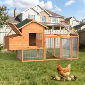 Outdoor Chicken Coop for 2-4 Chickens Wooden Hen House Poultry Pet Hutch Run Cage w/Waterproof Asphalt Roof, Ramp, Nesting Box, Wire Fence