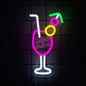 Cocktails Neon Sign, Wine Glass Light Night Light for Wall Decor, Club, Bar Cart Accessories