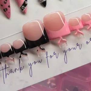 Press on toe nails French tips black pink handmade custom gel cute