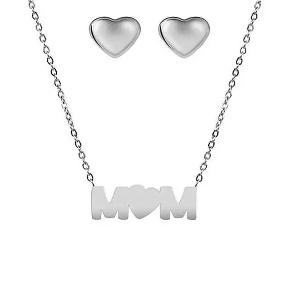 Stately Steel Stainless Steel "MOM" Necklace and Heart Earring Set