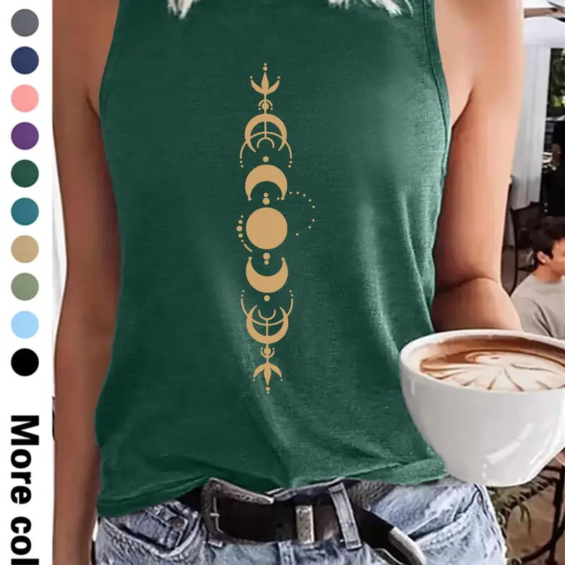 Women's Tribal Ethnic Print Fitted Muscle Tank Top Round Neck, Camisole Tank Top, Casual Boho Bohemian Sleeveless Top for Summer, Ladies Clothes for Daily Wear, Green, Summer Tops Trendy, Casual Beach Tank