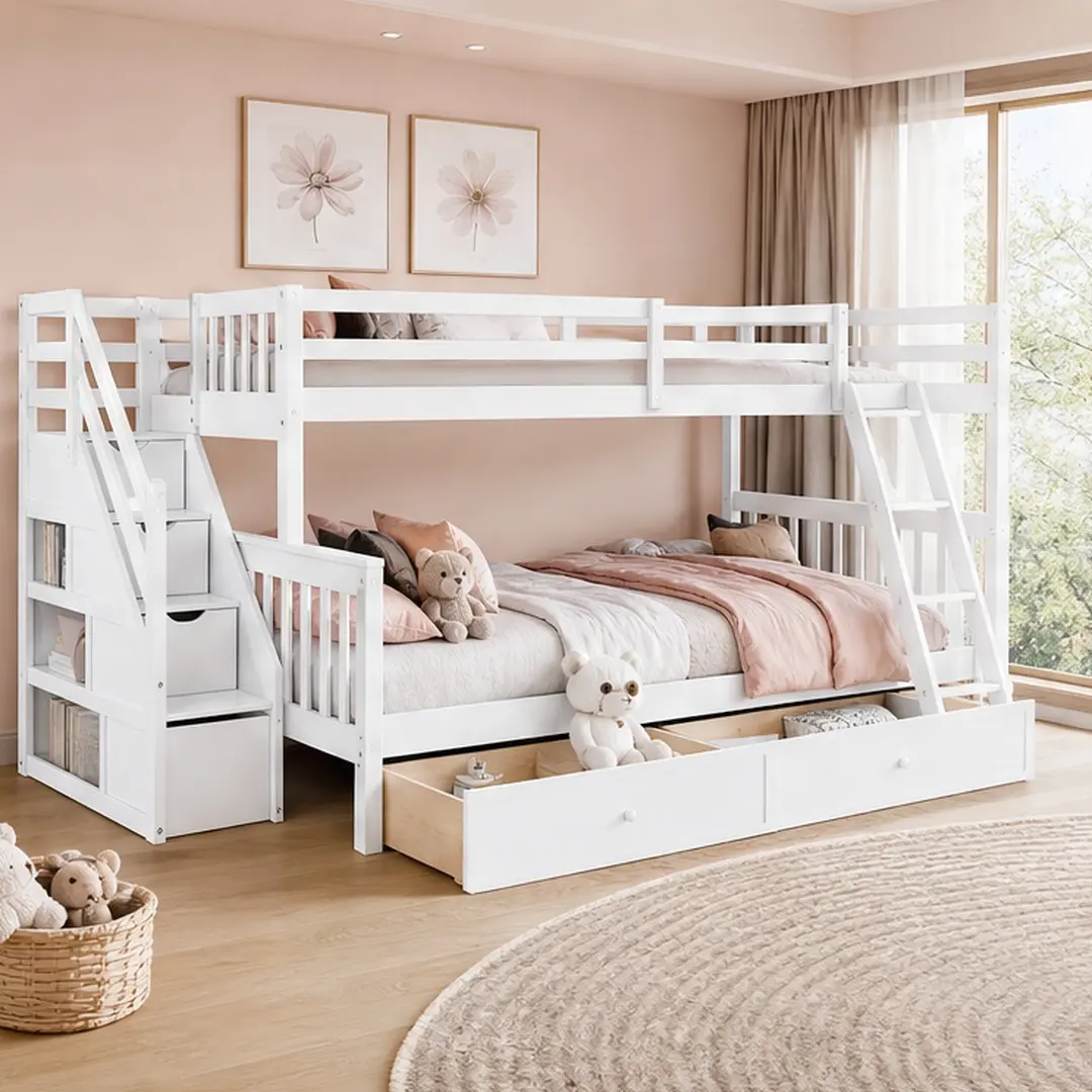 ARCH Twin over Full L-Shaped Bunk Bed with 3 Drawers, Ladder and Staircase, Solid Wood Frame, White/Espresso/Gray Options, Space-Saving Design for Kids Bedroom, Guest Room, 96.8W x 118.3D x 61.2H, No Mattress Needed, Espresso/Gray/White Color Options