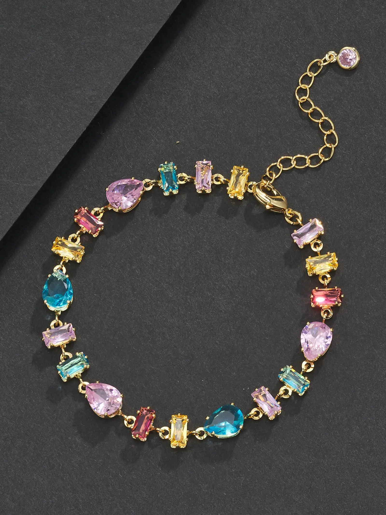 Water-Drop Square Color Dopamine Hip-Hop Bracelet, Adjustable Tail Chain, Copper Chain Material, Unisex Jewelry Accessory, Fashionable Bracelet, Stackable Bracelets, High Quality Bracelet, Stacking Bracelet, Fashionable Bracelet Style