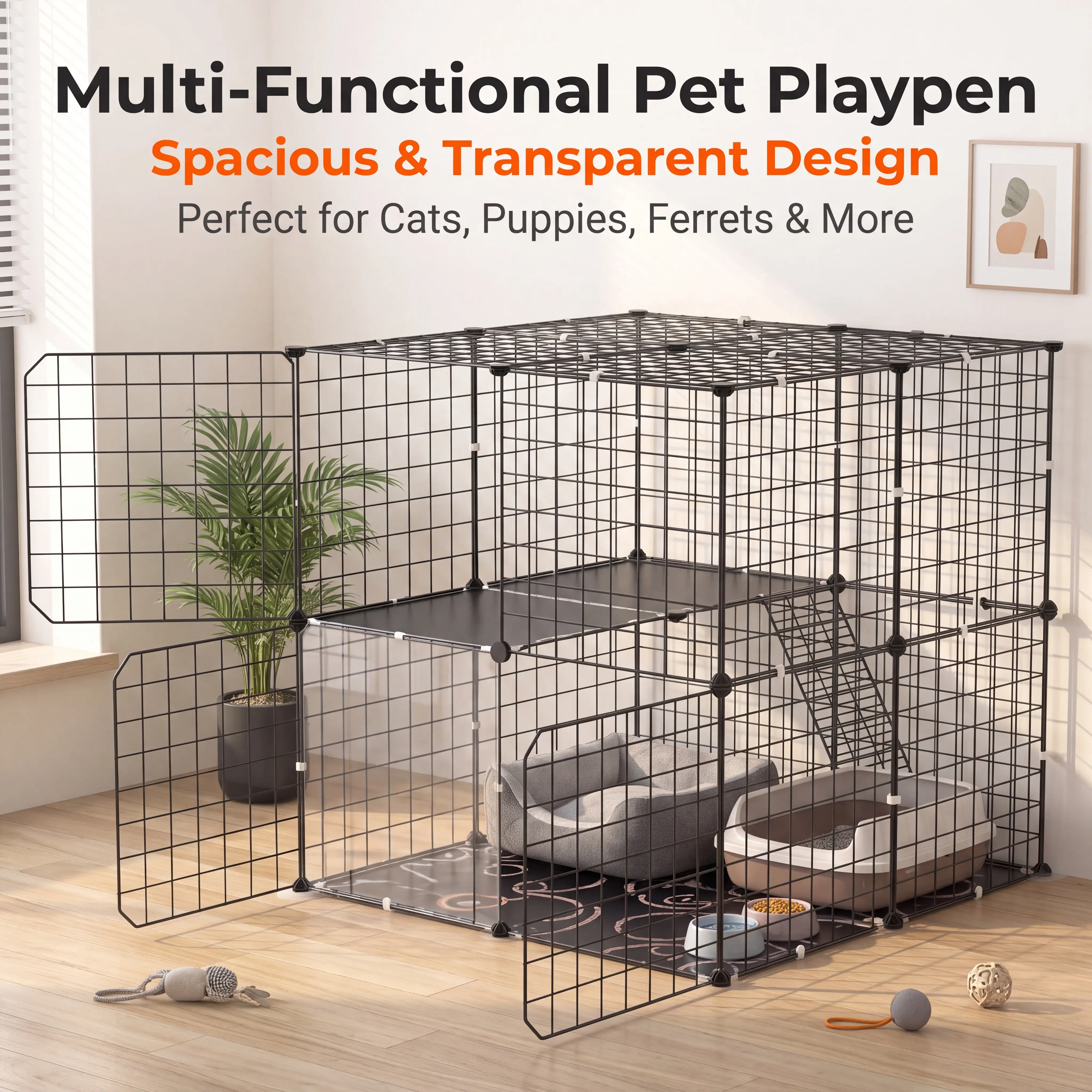 small dog tent crate 2-Tier Cat Cage Playpen, Detachable Indoor Pet Enclosure Kennel with Climbing Ladder, 2 Doors for Cats, Ferrets Transparent Clear Acrylic Puppy Play Pen Home Enclosed