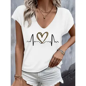 Casual Women'S Tank Top with Heart Pattern And V-Neck, Featuring Short Sleeves