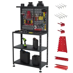 32" Heavy-Duty Steel Workbench with Hooks & 2-Tier Shelves - 650 Lbs Capacity Metal Tool Organizer, Garage Workshop Workstation for Tools, Gardening, DIY Projects