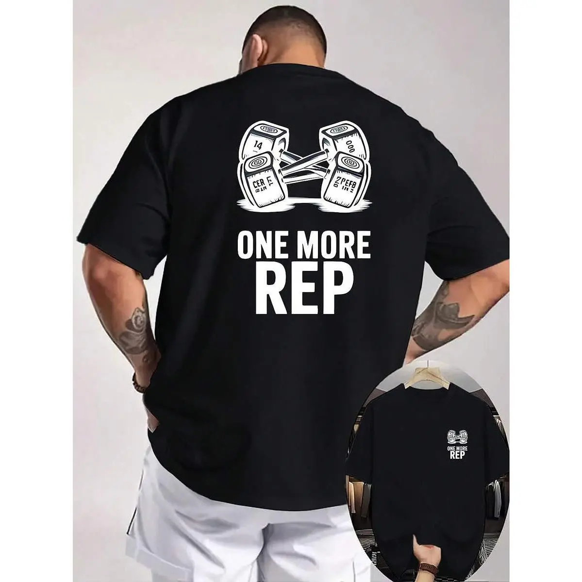 ONE MORE REP Dumbbell Fun Illustration Pattern Double-Sided Printed Men'S T-Shirt, Fitness Motivational Style, Comfortable And Versatile Top, Suitable For Daily Outdoor Gatherings, Gym Workouts, And Running Attire