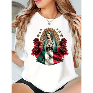 Women's Virgin Mary Religious T shirt with Catholic Iconic Print Short Sleeve Round Neck Casual Top for Church and Faith Events