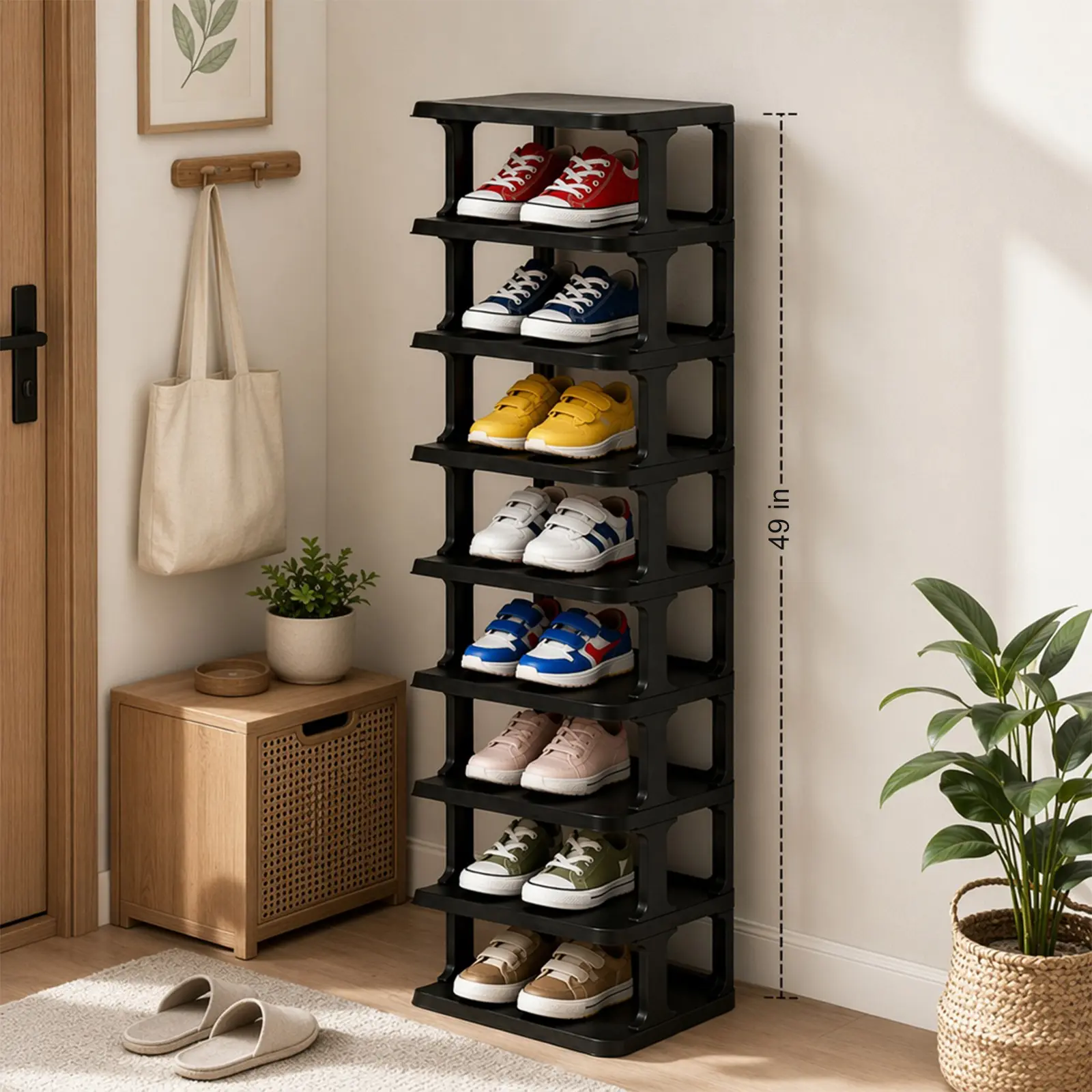 9-tier stackable shoe rack featuring solid 4 support legs for enhanced stability. Made of wear-resistant sturdy material, it needs simple assembly and saves plenty of room. Practical shoe storage solution for home entryways and living rooms.