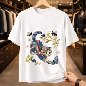 Vintage Cottagecore Cat Graphic Tee Cute Denim Patchwork Embroidery Effect T-Shirt Faux Stitch Kitten Short Sleeve Crewneck Top for Women