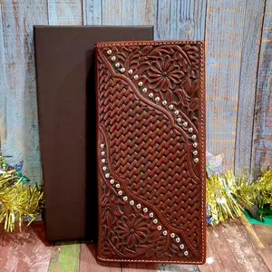 Western wallet handtooled studded genuine leather long checkbook wallet brown basketweave and floral design