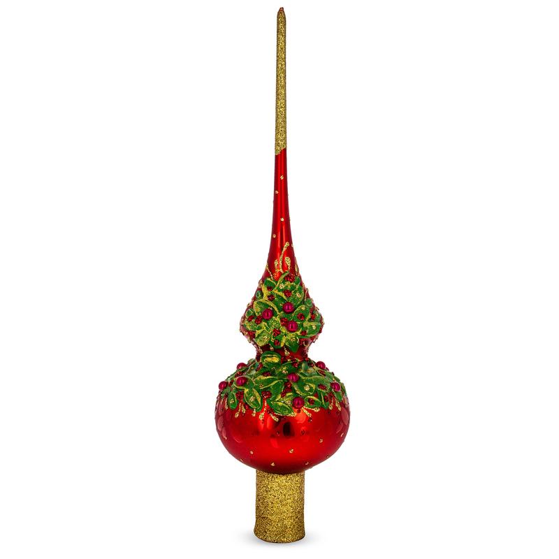 Red Pearls and Poinsettia Flowers on Glossy Red Blown Glass Christmas Tree Topper 11 Inches