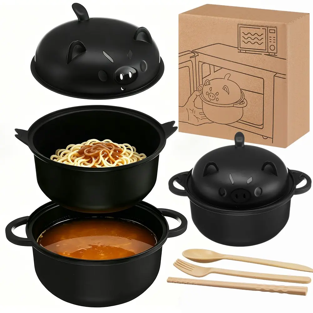 Pig-Themed Wheat Straw Kitchen Bowls Set - Large Ramen Noodle Bowl, Microwave-Safe Tableware with Lid, Strainer, Spoon, Chopsticks, Fork for Home Kitchen Food Storage, College Dorms