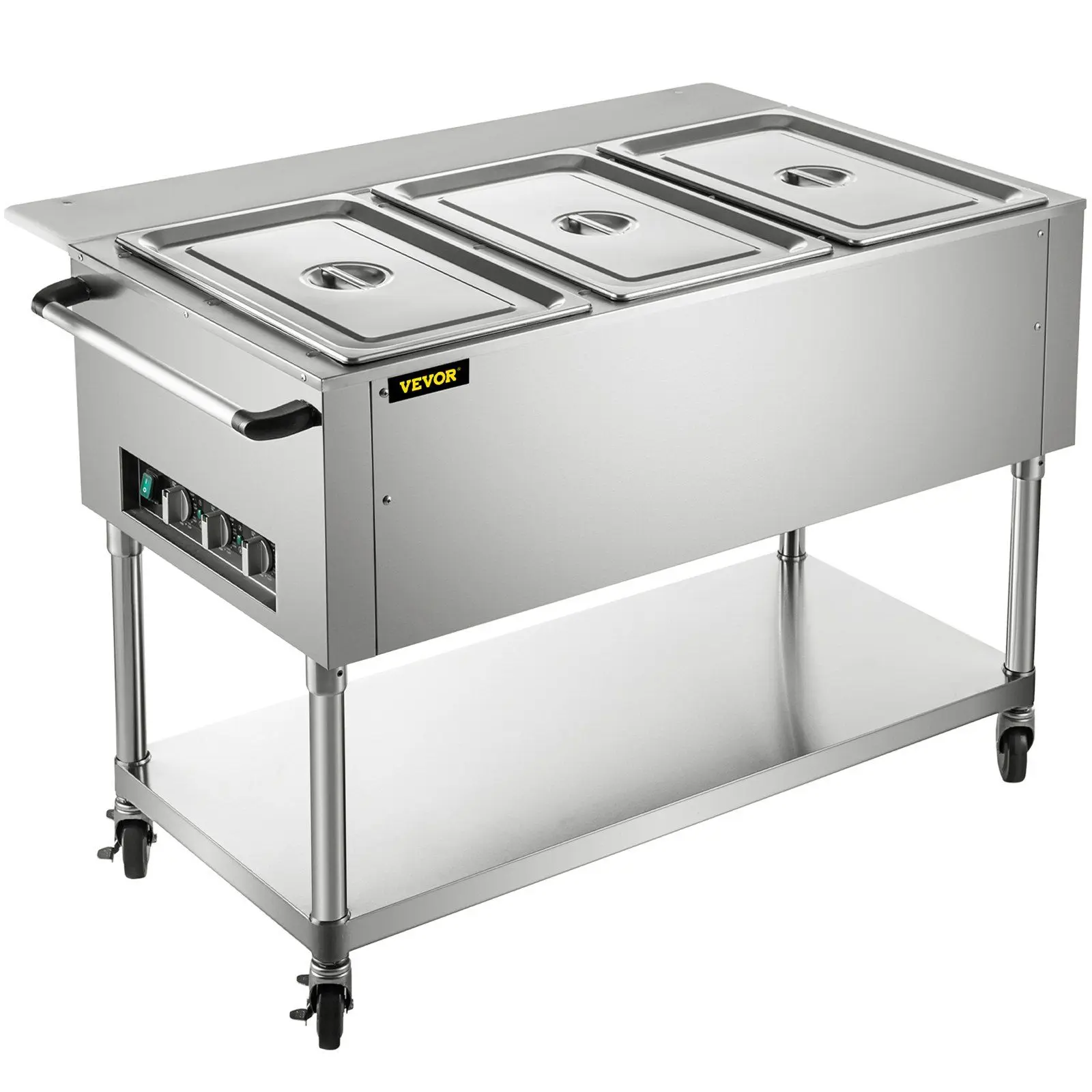 VEVOR Commercial Electric Food Warmer, 3-Pot Steam Table with Pans, 0-100 °C Temp Control, Stainless Steel w/ Side Handle, 2 Lockable Wheels, ETL Certified for Catering & Restaurants