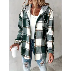 Womens Plaid Jacket Long Sleeve Hooded Coat Gray Beige Black Blue Structured Non Stretch for Fall Winter Everyday Formal Outfits