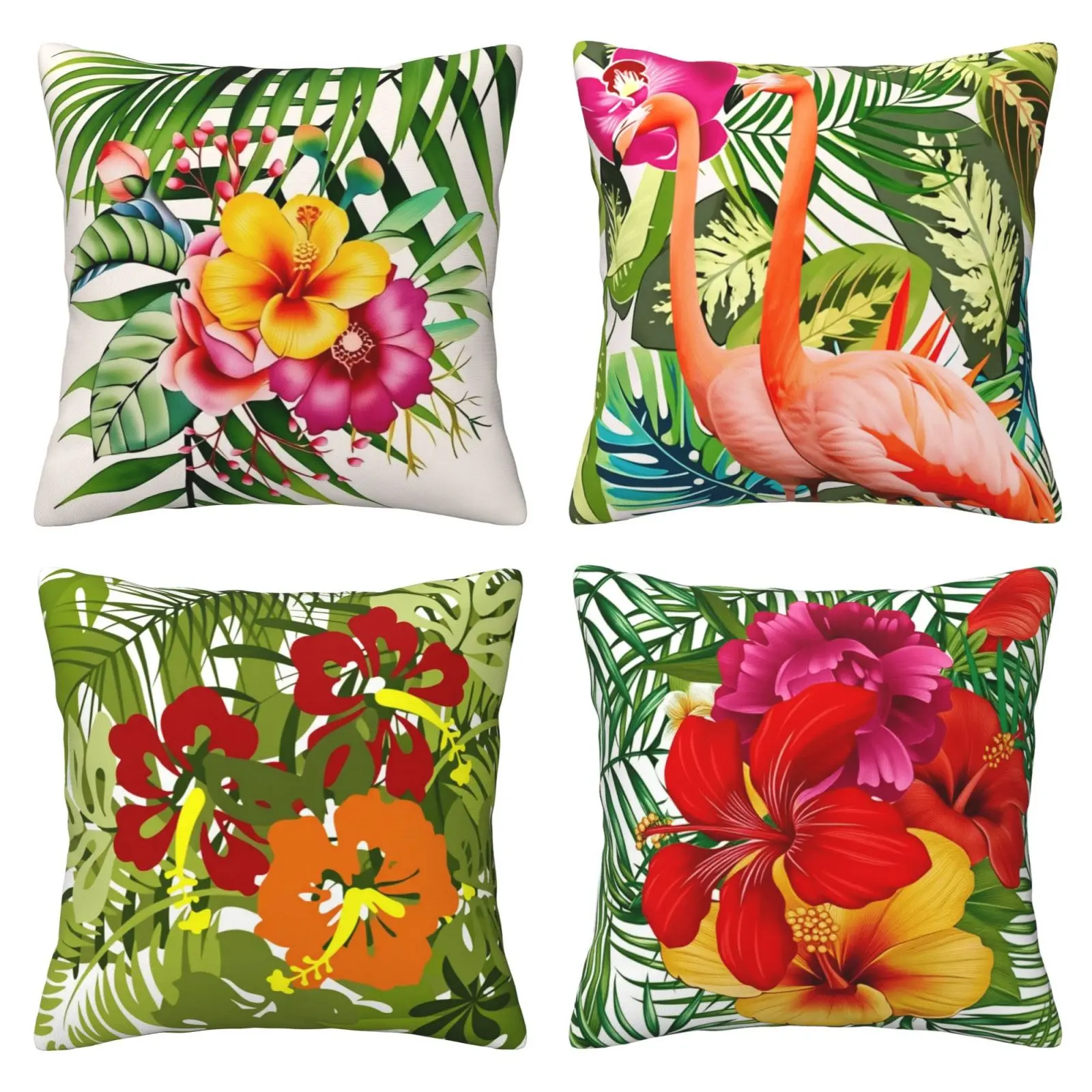 Summer Pillow Cover, Tropical Flamingo Hibiscus Flower Palm Leaf Pattern Decorative Pillowcase, Square Cushion Cover, Suitable for Sofa and Bed, Bedroom Decorative Accessories, 4-piece Set with Double sided Printing