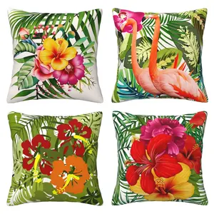 Summer Pillow Cover, Tropical Flamingo Hibiscus Flower Palm Leaf Pattern Decorative Pillowcase, Square Cushion Cover, Suitable for Sofa and Bed, 4-piece Set with Double sided Printing