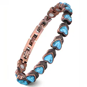 Women's Magnetic Copper Bracelet, Adjustable Size, Natural Turquoise Gift, Pure Copper Magnetic Bangle, Blue Heart Charm, High Quality Bracelet