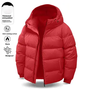 Men's casual fluffy jacket - thick winter hooded jacket lined with warm quilted cotton, windproof structure, black/white/red color block design, full zipper closure with side pockets and ribbed cuffs, perfect for daily street style - men's winter